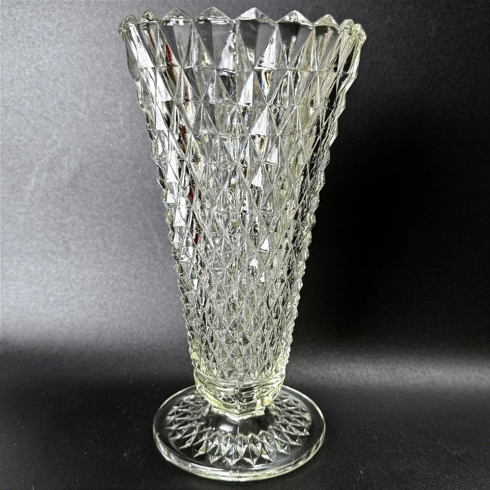Vintage Indiana Glass Diamond Point Footed Vase Clear Pressed Glass MCM Trumpet